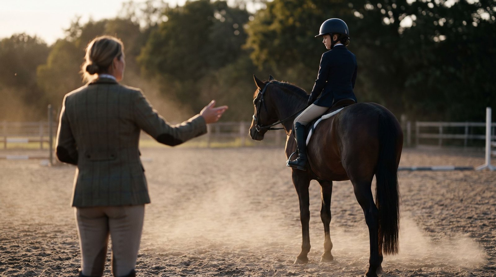 Una entrenadora explica a un jinete joven sobre su caballo en la pista, al atardecer.