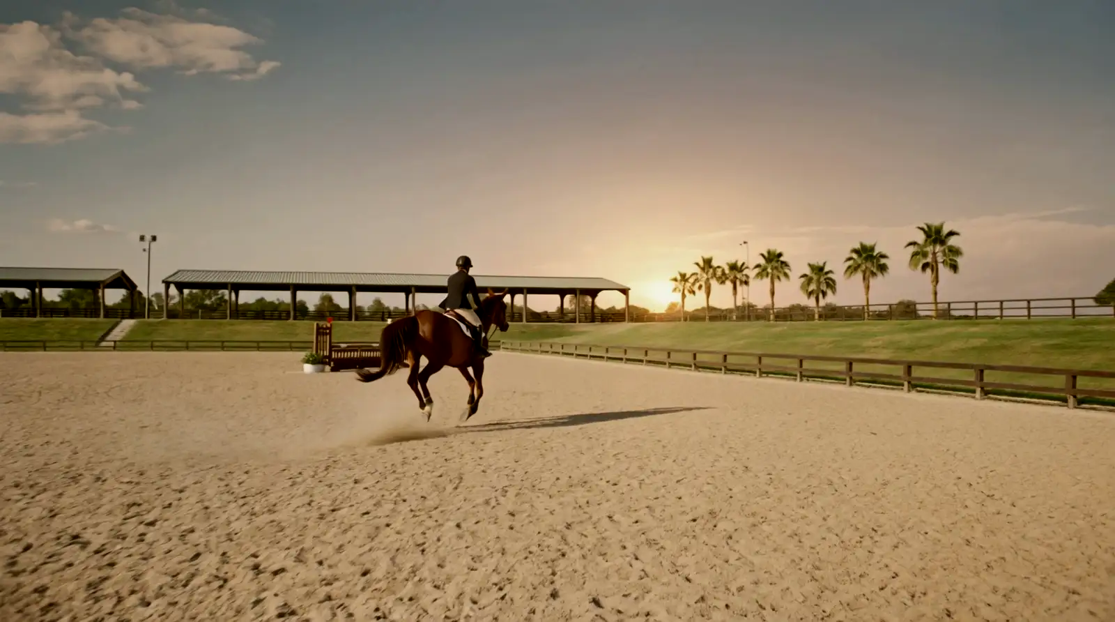 Pista internacional al atardecer con palmeras en el horizonte.